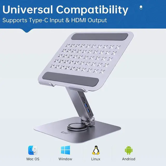 Alt view image 7 of 7 - 360 Rotating Laptop Stand with USB 3.0 Hub, Adjustable Ergonomic Computer Riser for Desk, 4-Port 5Gbps Docking Station, Heavy Duty Aluminum Holder for MacBook Pro/Air, Dell, HP 10-17"