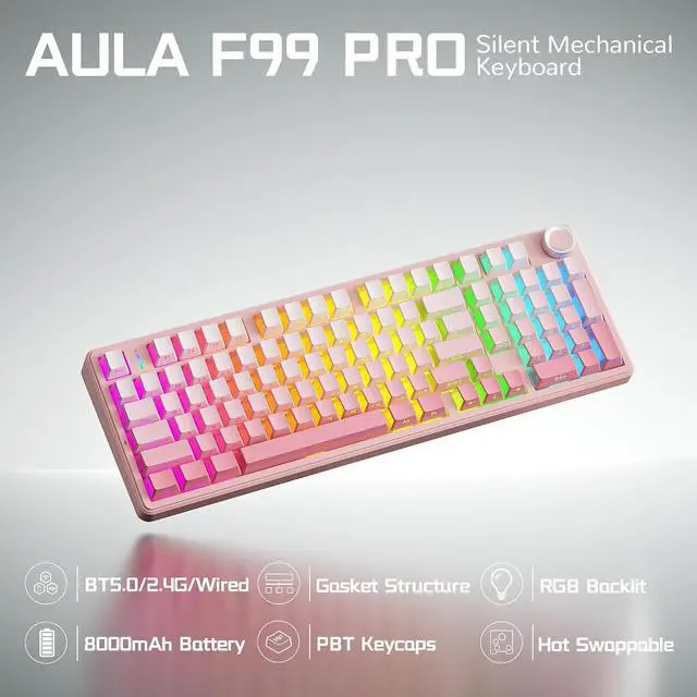 Alt view image 2 of 7 - Aula F99 Pro Wireless Silent Mechanical Keyboard with Knob, BT5.0/2.4GHz/USB-C Hot Swappable, Pre-lubed Linear Switches, RGB Backlit, Gasket Mounted,Gradient Pink PC Gaming Keyboard for Win/MAC