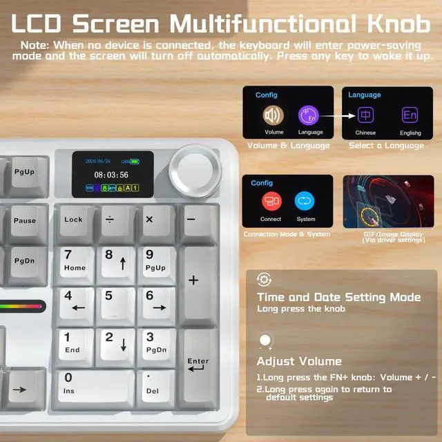 Alt view image 3 of 7 - AULA F108 PRO Wireless Mechanical Keyboard with Screen & Knob, Full Size Keyboard with Silent Switch, Tri-Mode BT5.0/2.4GHz/USB-C, Pre-lubed Switches, RGB Backlit Hot Swappable Custom Gaming Keyboards