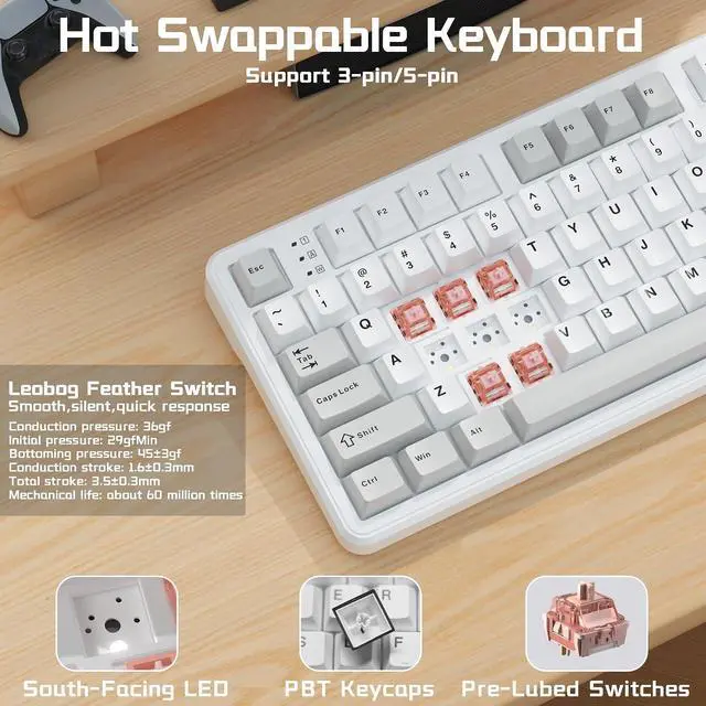 Alt view image 7 of 7 - AULA F108 PRO Wireless Mechanical Keyboard with Screen & Knob, Full Size Keyboard with Silent Switch, Tri-Mode BT5.0/2.4GHz/USB-C, Pre-lubed Switches, RGB Backlit Hot Swappable Custom Gaming Keyboards