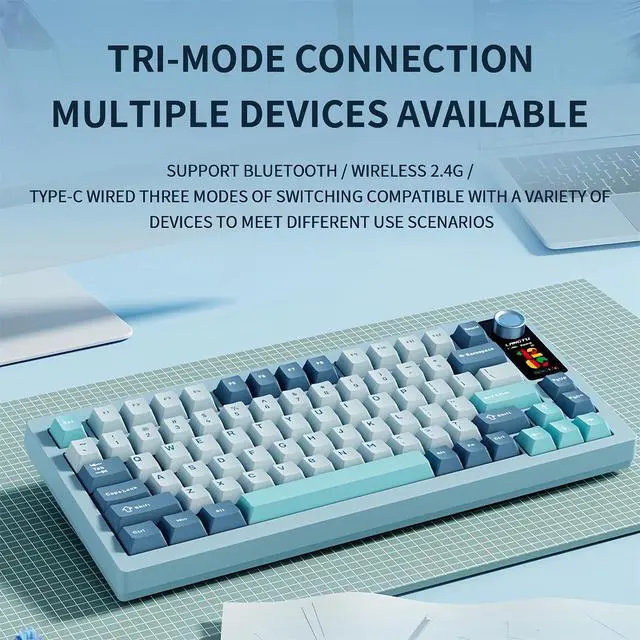 Alt view image 2 of 7 - LT75Pro Wireless Mechanical Keyboard with Color Screen&Knob,75% Hot Swappable Pre-lubed Switch Gasket Mount Custom RGB Gaming Keyboard BT5.0/2.4G/Type-C Wired NKRO Creamy Keyboard (Lake-Blue)