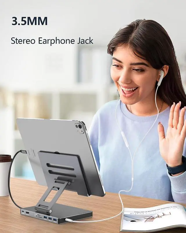 Alt view image 6 of 7 - iPad Pro USB C Hub Stand, Multiport Adapter for iPad Pro M4 M3 M2 M1 13 12.9 11 Inch iPad Air Docking Station Foldable 4K 60Hz HDMI, PD Charging, SD/TF Card Reader, 3 USB 3.0, 3.5mm Audio
