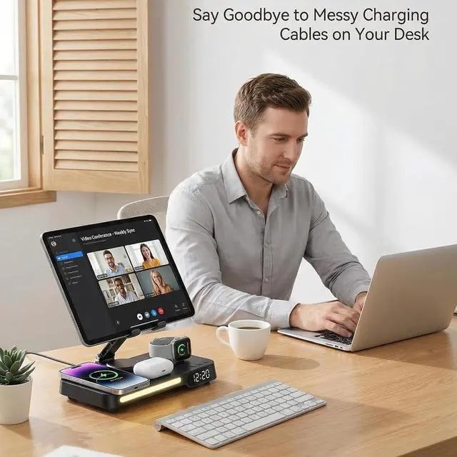 Alt view image 3 of 5 - Wireless Charging Station,7 in 1 Multiple Charger Stand with Alarm Clock, Night Light,Mag-Safe Charging Dock for iPhone 17 16 15 14 13 12 Pro Max Plus,Apple Watch 11/10/9/8,for Airpods,Bedroom