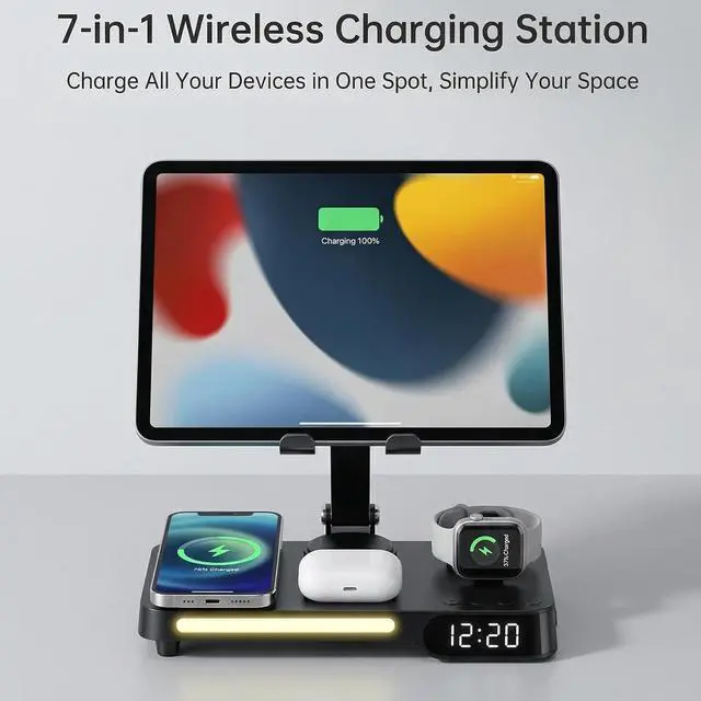 Alt view image 4 of 5 - Wireless Charging Station,7 in 1 Multiple Charger Stand with Alarm Clock, Night Light,Mag-Safe Charging Dock for iPhone 17 16 15 14 13 12 Pro Max Plus,Apple Watch 11/10/9/8,for Airpods,Bedroom