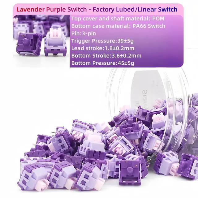 Alt view image 3 of 7 - Lavender Purple Keyboard Linear Switch,3 Pin PCB Mount Pre-Lubed Creamy Switches with Dustproof POM Stem Compatible with Cherry MX Keycaps for Mechanical Gaming Keyboard (90pcs-Set)