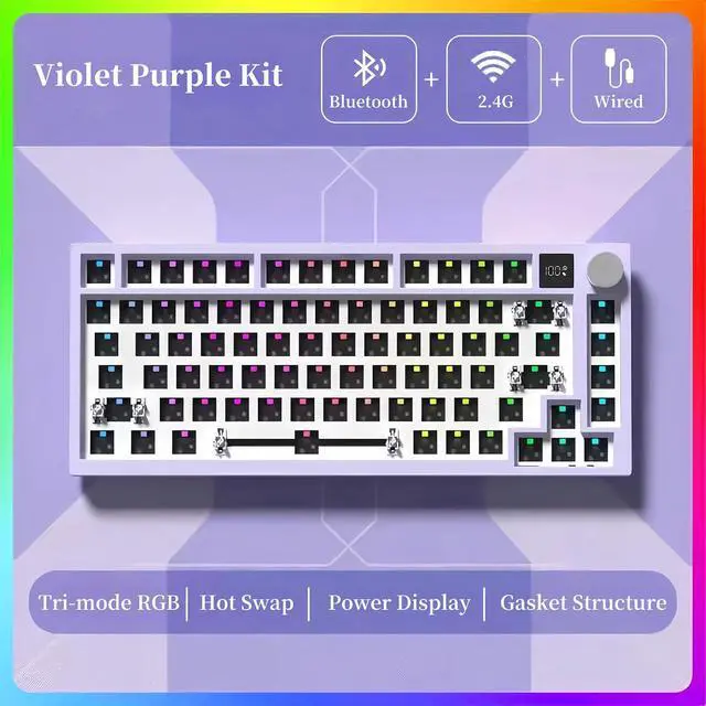Alt view image 2 of 7 - K75 Barebone 75% Hot Swap Tri-Mode Bluetooth 5.0/2.4G Wireless/Type-C Wired RGB Mechanical Gaming Keyboard With Knob Screen Gasket PCB Mount Custom DIY Kit (Purple)