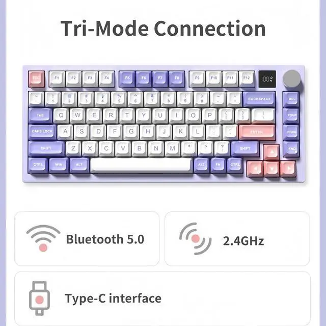 Alt view image 3 of 7 - K75 Barebone 75% Hot Swap Tri-Mode Bluetooth 5.0/2.4G Wireless/Type-C Wired RGB Mechanical Gaming Keyboard With Knob Screen Gasket PCB Mount Custom DIY Kit (Purple)