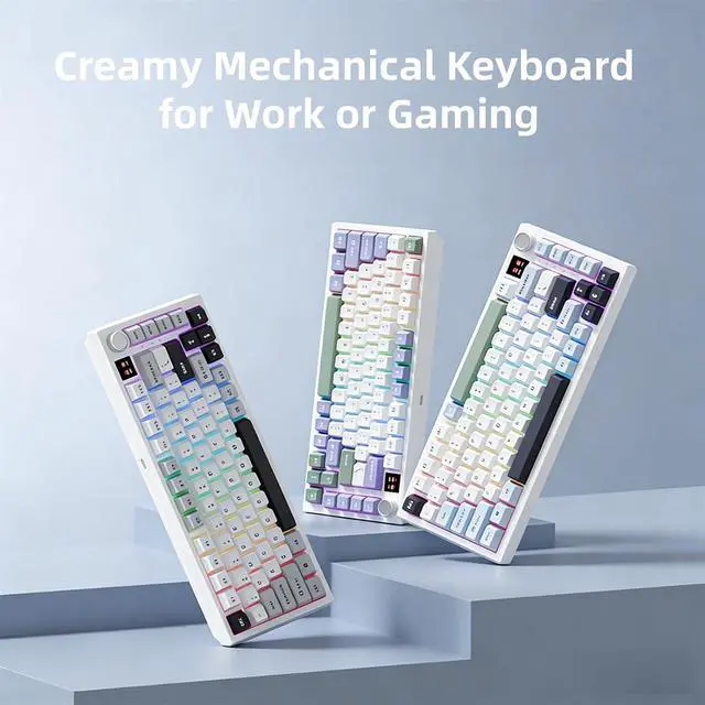 Alt view image 2 of 7 - K75 Mechanical Keyboard with Knob Screen,75% Hot Swap Tri-Mode Bluetooth 5.0/2.4G Wireless/Type-C Wired RGB Gaming Keyboard PCB Gasket Mount Custom Creamy Purple&White Keyboard