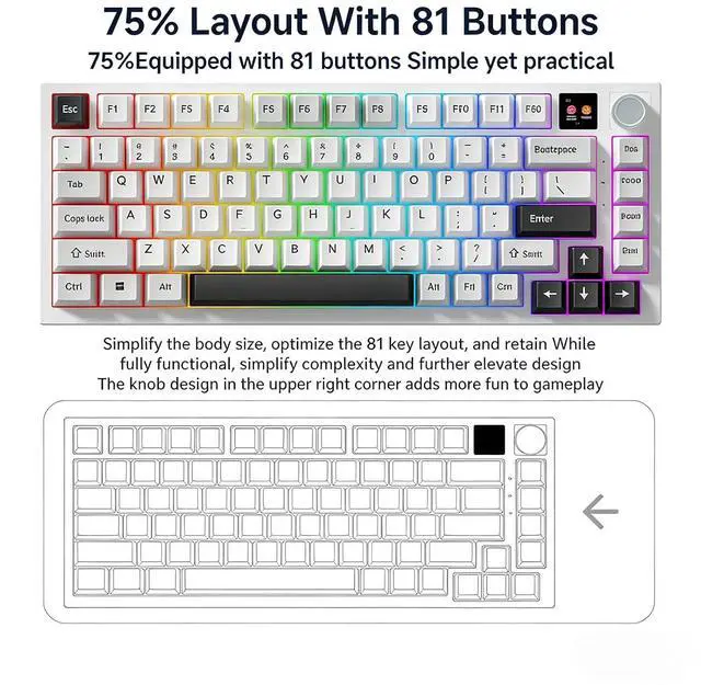 Alt view image 3 of 7 - K75 Mechanical Keyboard with Knob Screen,75% Hot Swap Tri-Mode Bluetooth 5.0/2.4G Wireless/Type-C Wired RGB Gaming Keyboard PCB Gasket Mount Custom Creamy Purple&White Keyboard