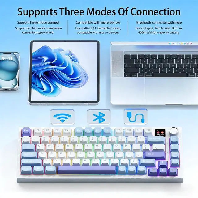 Alt view image 4 of 7 - K75 Mechanical Keyboard with Knob Screen,75% Hot Swap Tri-Mode Bluetooth 5.0/2.4G Wireless/Type-C Wired RGB Gaming Keyboard PCB Gasket Mount Custom Creamy Purple&White Keyboard