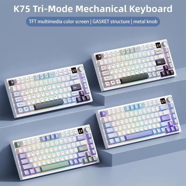 Alt view image 2 of 7 - K75 Mechanical Keyboard with Knob Screen,75% Hot Swap Tri-Mode Bluetooth 5.0/2.4G Wireless/Type-C Wired RGB Gaming Keyboard PCB Gasket Mount Custom Creamy Blue&White Keyboard