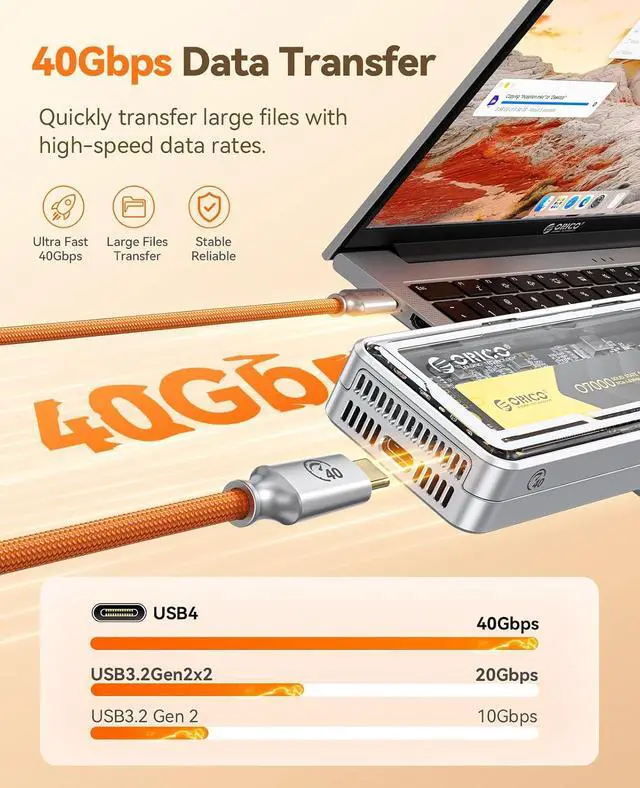 Alt view image 2 of 7 - Auso 40Gbps USB-C Cable 3.3FT with PD 240W Fast Charging, 8K60Hz Video,Thunderbolt4/3 USB4 Compatible Data Cable,for iPhone 17/16/15 MacBook Docking -Black
