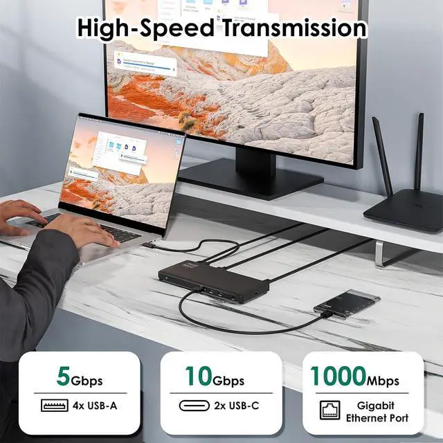 Alt view image 4 of 7 - Laptop Docking Station, 12-in-1 USB-C Docking Station, Triple Display with 2xHDMI and 1xDP, 10 Gbps USB-C and 5 Gbps USB-A Data, Ethernet, Audio, 100W Charging for Dell, HP, Lenovo and More