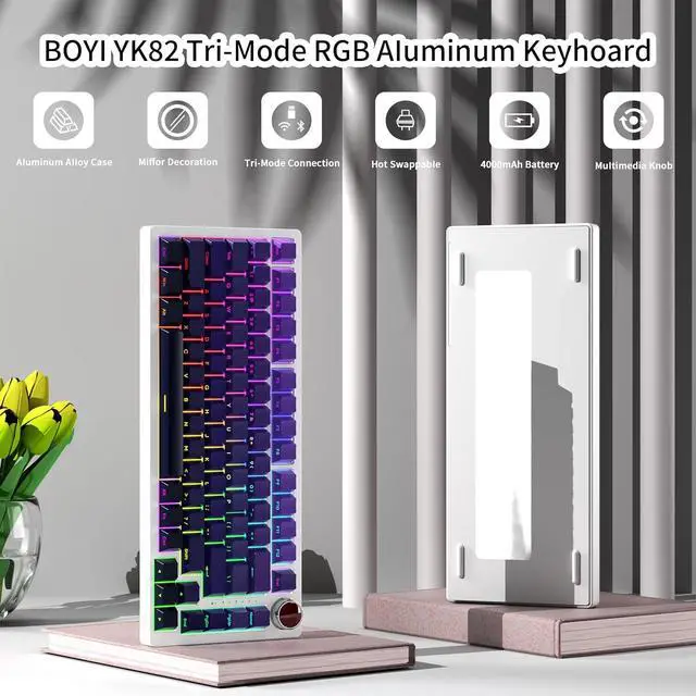 Alt view image 2 of 7 - YK82 Aluminum Mechanical Keyboard,75% Gasket Mount Hot Swap Tri-Mode Wireless BT5.0/2.4GHz/USB-C Custom RGB Gaming Keyboard with Gradient Side Printed Keycaps Knob for PC/Mac Gamer (Purple)
