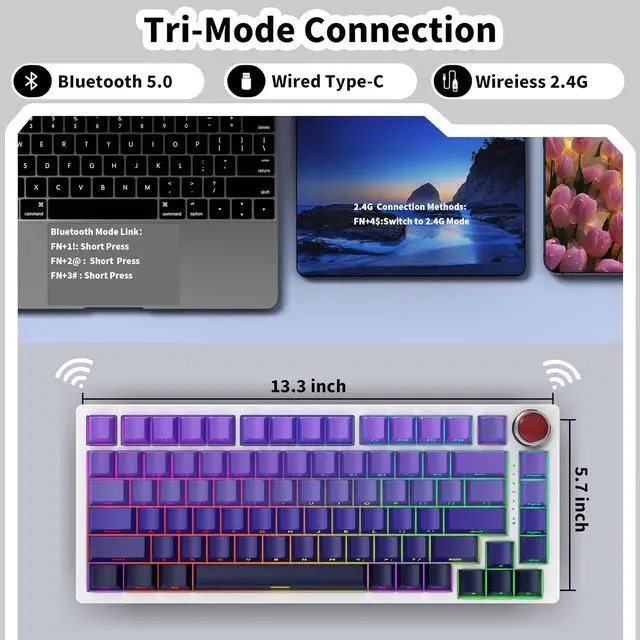 Alt view image 3 of 7 - YK82 Aluminum Mechanical Keyboard,75% Gasket Mount Hot Swap Tri-Mode Wireless BT5.0/2.4GHz/USB-C Custom RGB Gaming Keyboard with Gradient Side Printed Keycaps Knob for PC/Mac Gamer (Purple)