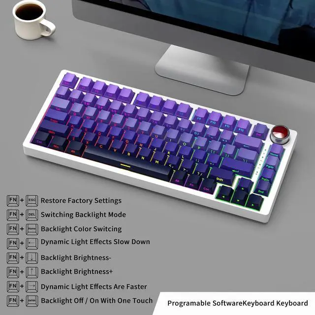 Alt view image 5 of 7 - YK82 Aluminum Mechanical Keyboard,75% Gasket Mount Hot Swap Tri-Mode Wireless BT5.0/2.4GHz/USB-C Custom RGB Gaming Keyboard with Gradient Side Printed Keycaps Knob for PC/Mac Gamer (Purple)