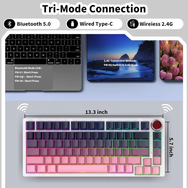 Alt view image 2 of 7 - YK82 Aluminum Mechanical Keyboard,75% Gasket Mount Hot Swap Tri-Mode Wireless BT5.0/2.4GHz/USB-C Custom RGB Gaming Keyboard with Gradient Side Printed Keycaps Knob for PC/Mac Gamer (Pink-Black)