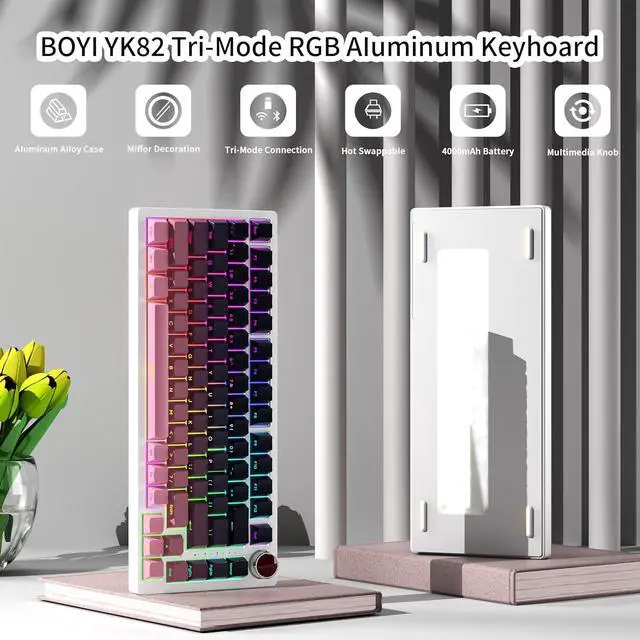 Alt view image 4 of 7 - YK82 Aluminum Mechanical Keyboard,75% Gasket Mount Hot Swap Tri-Mode Wireless BT5.0/2.4GHz/USB-C Custom RGB Gaming Keyboard with Gradient Side Printed Keycaps Knob for PC/Mac Gamer (Pink-Black)