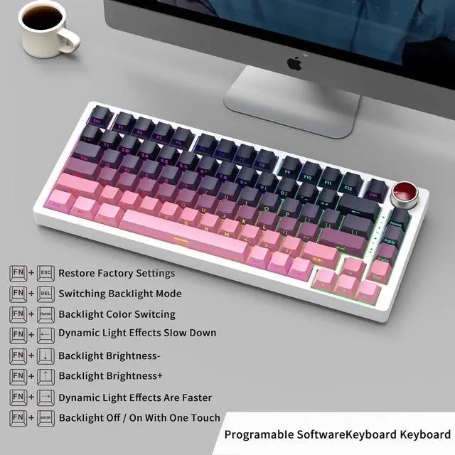 Alt view image 5 of 7 - YK82 Aluminum Mechanical Keyboard,75% Gasket Mount Hot Swap Tri-Mode Wireless BT5.0/2.4GHz/USB-C Custom RGB Gaming Keyboard with Gradient Side Printed Keycaps Knob for PC/Mac Gamer (Pink-Black)
