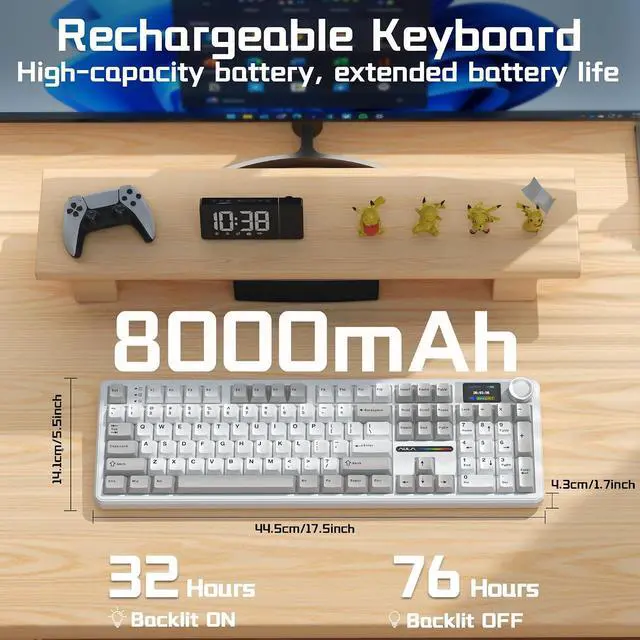 Alt view image 6 of 7 - AULA F108 PRO Wireless Mechanical Keyboard with Screen & Knob, Full Size Keyboard with Silent Switch, Tri-Mode BT5.0/2.4GHz/USB-C, Pre-lubed Switches, RGB Backlit Hot Swappable Custom Gaming Keyboards