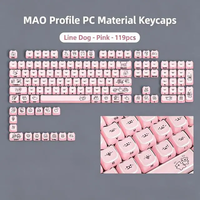 Alt view image 6 of 7 - Mao Profile Cute Puppy Keycaps,Pink Side Printed Shine Through Custom Anime Keycaps Kawaii Cat-Shape Full 119 Keys Set for Cherry MX Switch 100%/80%/75%/60% Mechanical Gaming Keyboard DIY