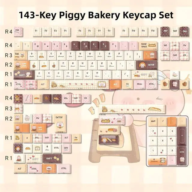 Alt view image 6 of 7 - Cute Piggy Keycaps,Cherry Profile Kawaii Anime Keycaps PBT Dye-Sub 143 Keys Full Size Custom Bakery Key Cap Set for Cherry MX Switches ANSI Layout 100% 75% 60% Mechanical Keyboard DIY (Brown)
