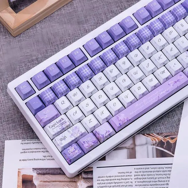 Main image of Purple Flower Side Printed Keycaps,130 Keys PBT Dye-Sublimation Keycaps Aesthetic Custom Keycap Set for 60% 65% 75% 80% 100% MX Switches Mechanical Keyboard Colorful Desk Decor Accessory