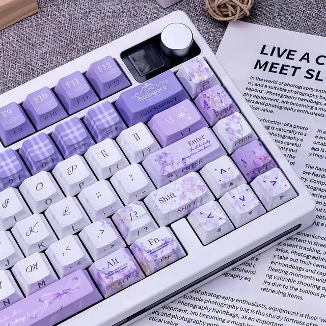 Alt view image 2 of 7 - Purple Flower Side Printed Keycaps,130 Keys PBT Dye-Sublimation Keycaps Aesthetic Custom Keycap Set for 60% 65% 75% 80% 100% MX Switches Mechanical Keyboard Colorful Desk Decor Accessory