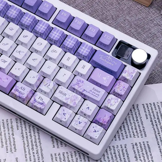 Alt view image 3 of 7 - Purple Flower Side Printed Keycaps,130 Keys PBT Dye-Sublimation Keycaps Aesthetic Custom Keycap Set for 60% 65% 75% 80% 100% MX Switches Mechanical Keyboard Colorful Desk Decor Accessory