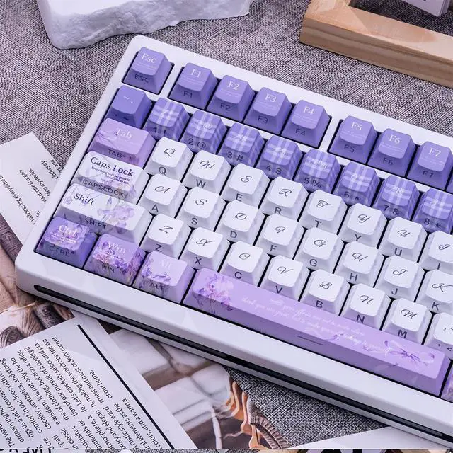 Alt view image 6 of 7 - Purple Flower Side Printed Keycaps,130 Keys PBT Dye-Sublimation Keycaps Aesthetic Custom Keycap Set for 60% 65% 75% 80% 100% MX Switches Mechanical Keyboard Colorful Desk Decor Accessory