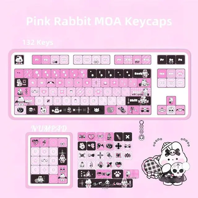 Alt view image 2 of 7 - Black Pink Keycaps,Cute Bunny MOA Profile Creamy Pink Keycaps Set Dye Sublimation PBT Keycap 132 Keys Full Size Custom Key Cap for Cherry MX Switch 75% 60% Mechanical Gaming Keyboard