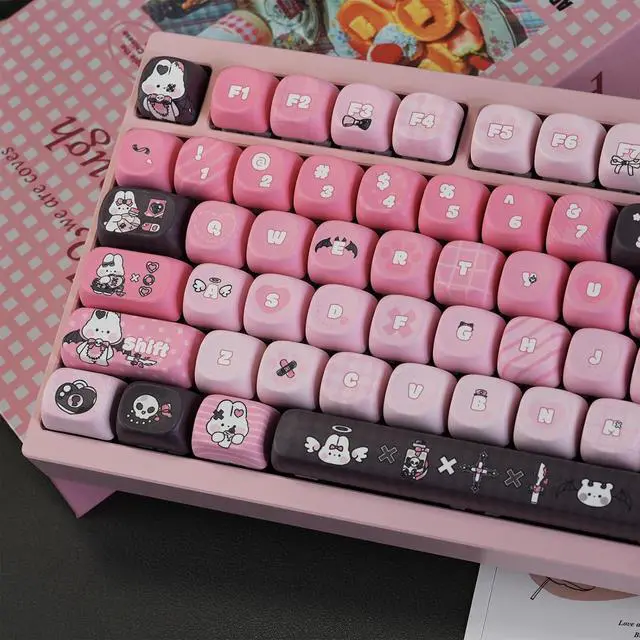 Main image of Black Pink Keycaps,Cute Bunny MOA Profile Creamy Pink Keycaps Set Dye Sublimation PBT Keycap 132 Keys Full Size Custom Key Cap for Cherry MX Switch 75% 60% Mechanical Gaming Keyboard