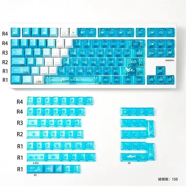 Alt view image 7 of 7 - Transparent Gradient Keycaps,Cherry Profile Clear PBT+PC Keycaps Shine Through 150 Keys Full Size Key Cap Set for Cherry MX Switches Mechanical Gaming Keyboard DIY (Sea-Blue)
