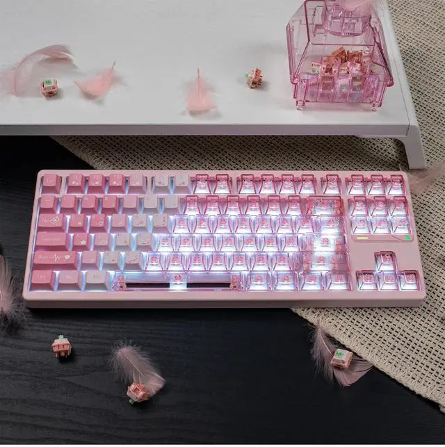 Alt view image 2 of 7 - Transparent Gradient Keycaps,Cherry Profile Clear PBT+PC Keycaps Shine Through 150 Keys Full Size Key Cap Set for Cherry MX Switches Mechanical Gaming Keyboard DIY (Strawberry-Pink)