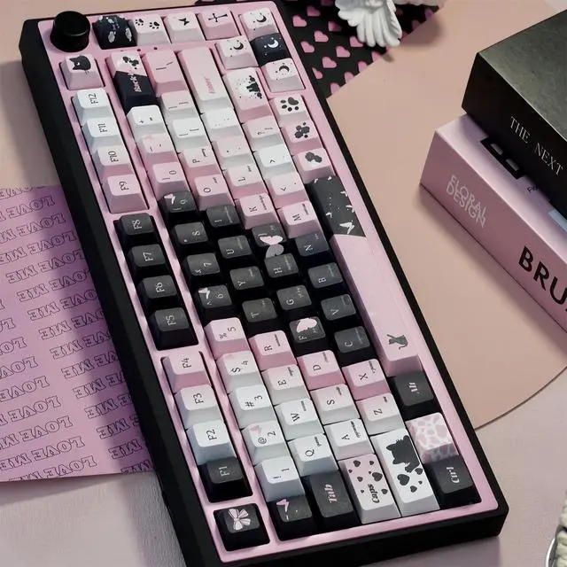 Alt view image 3 of 7 - Black and Pink Keycaps,Cute Cat Aesthetic Rose Custom Gradient Keycaps Set Cherry Profile Dye Sublimation PBT Keycaps for Cherry MX Switches 60% 75% 100% Mechanical Gaming Keyboard (131 Keys)
