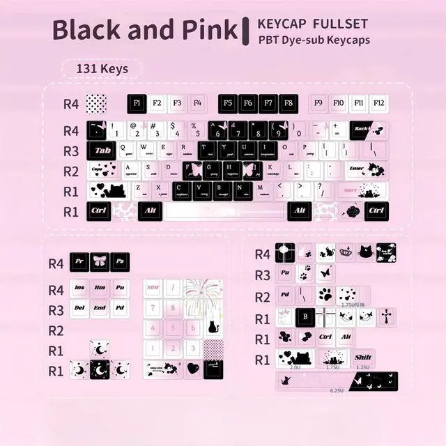 Alt view image 5 of 7 - Black and Pink Keycaps,Cute Cat Aesthetic Rose Custom Gradient Keycaps Set Cherry Profile Dye Sublimation PBT Keycaps for Cherry MX Switches 60% 75% 100% Mechanical Gaming Keyboard (131 Keys)