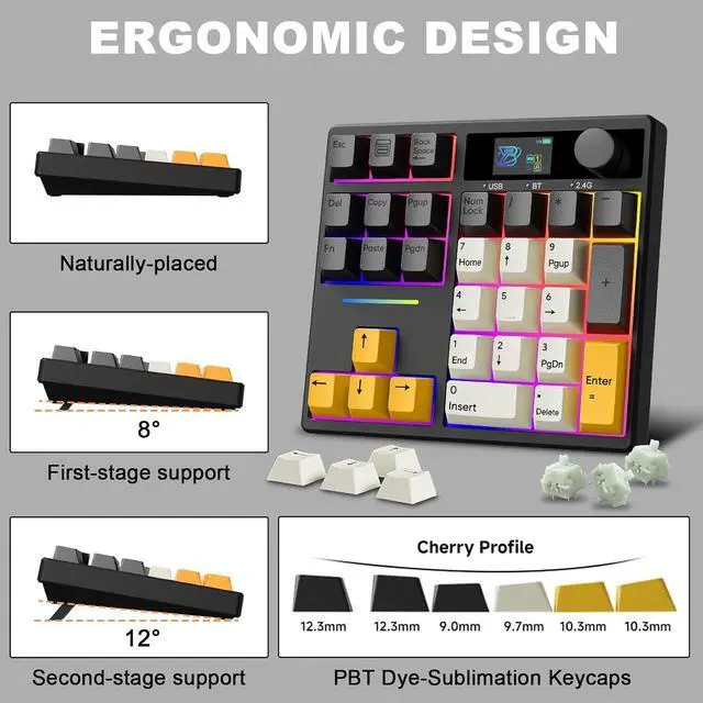 Alt view image 6 of 7 - X BOYI TD31Pro Mechanical Numpad,Hot Swap Number Pad Keyboard with Screen&Knob Wireless BT5.0/2.4G/USB-C Wired Numeric Keypad Gasket RGB Gaming Numpad Mini Keyboard for PC/Laptop (Black)