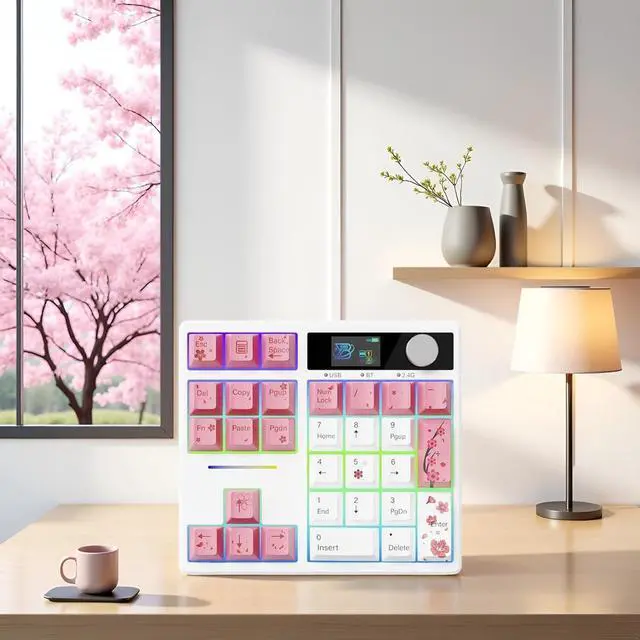 Alt view image 3 of 7 - X BOYI TD31Pro Mechanical Number Pad,Hot Swap Gasket Mechanical Numeric Keypad with Knob&Screen Wireless BT5.0/2.4G/Type-C Wired RGB Gaming Numpad Programmable for Win/Mac (Pink Cherry Blossom)