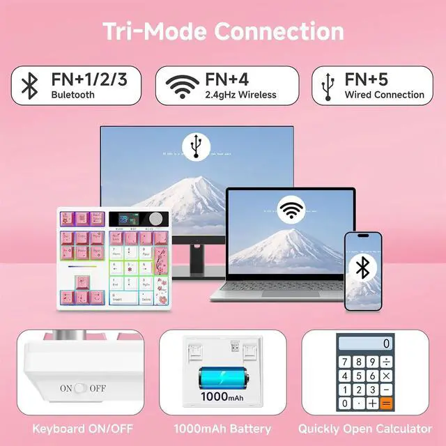 Alt view image 6 of 7 - X BOYI TD31Pro Mechanical Number Pad,Hot Swap Gasket Mechanical Numeric Keypad with Knob&Screen Wireless BT5.0/2.4G/Type-C Wired RGB Gaming Numpad Programmable for Win/Mac (Pink Cherry Blossom)