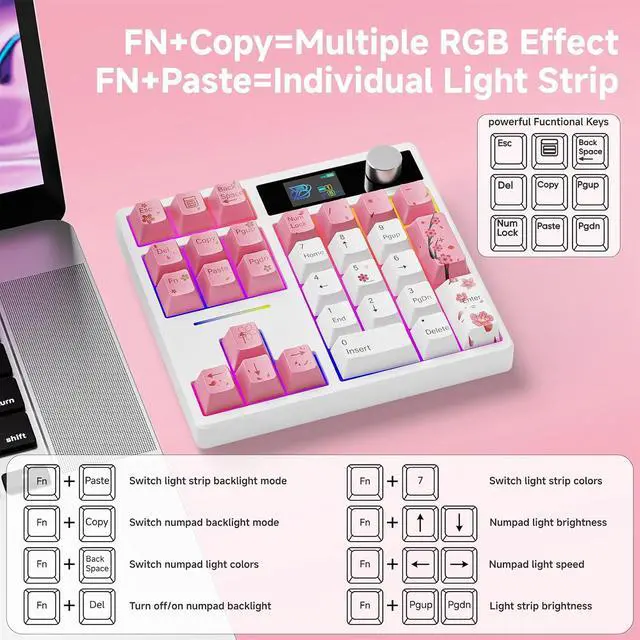 Alt view image 5 of 7 - X BOYI TD31Pro Mechanical Number Pad,Hot Swap Gasket Mechanical Numeric Keypad with Knob&Screen Wireless BT5.0/2.4G/Type-C Wired RGB Gaming Numpad Programmable for Win/Mac (Pink Cherry Blossom)