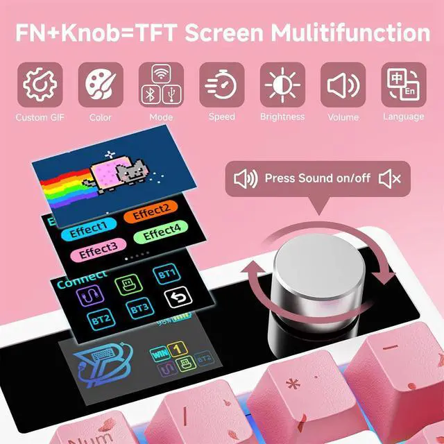 Alt view image 4 of 7 - X BOYI TD31Pro Mechanical Number Pad,Hot Swap Gasket Mechanical Numeric Keypad with Knob&Screen Wireless BT5.0/2.4G/Type-C Wired RGB Gaming Numpad Programmable for Win/Mac (Pink Cherry Blossom)