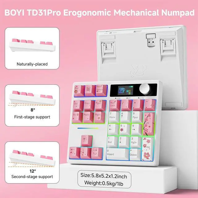 Alt view image 7 of 7 - X BOYI TD31Pro Mechanical Number Pad,Hot Swap Gasket Mechanical Numeric Keypad with Knob&Screen Wireless BT5.0/2.4G/Type-C Wired RGB Gaming Numpad Programmable for Win/Mac (Pink Cherry Blossom)