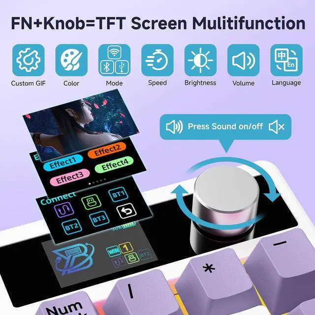 Alt view image 4 of 7 - X BOYI TD31Pro Number Pad Keyboard,Hot Swap Mechanical Numeric Keypad with Knob& Screen Wireless BT5.0/2.4G/Type-C Wired Numpad with RGB Gasket Structure Programmable for Win/Mac/Gaming (Purple)