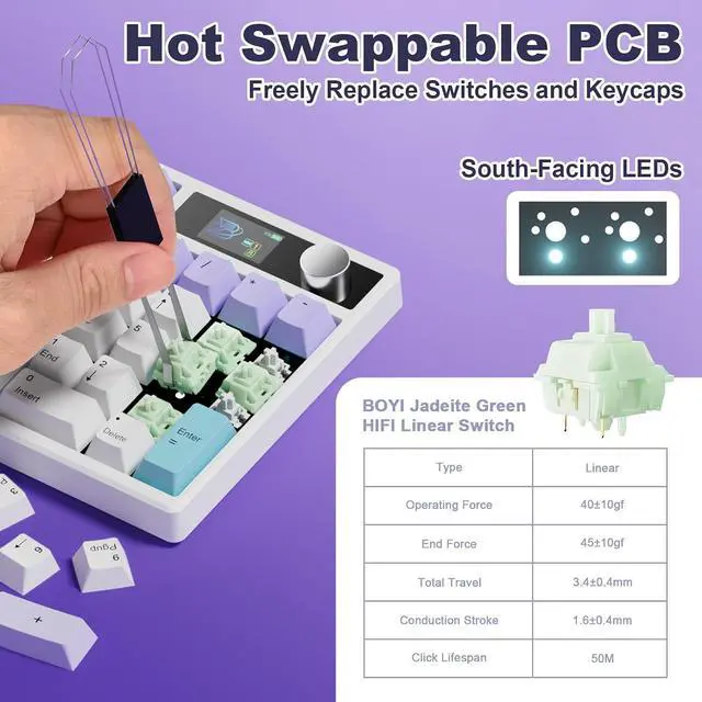 Alt view image 6 of 7 - X BOYI TD31Pro Number Pad Keyboard,Hot Swap Mechanical Numeric Keypad with Knob& Screen Wireless BT5.0/2.4G/Type-C Wired Numpad with RGB Gasket Structure Programmable for Win/Mac/Gaming (Purple)