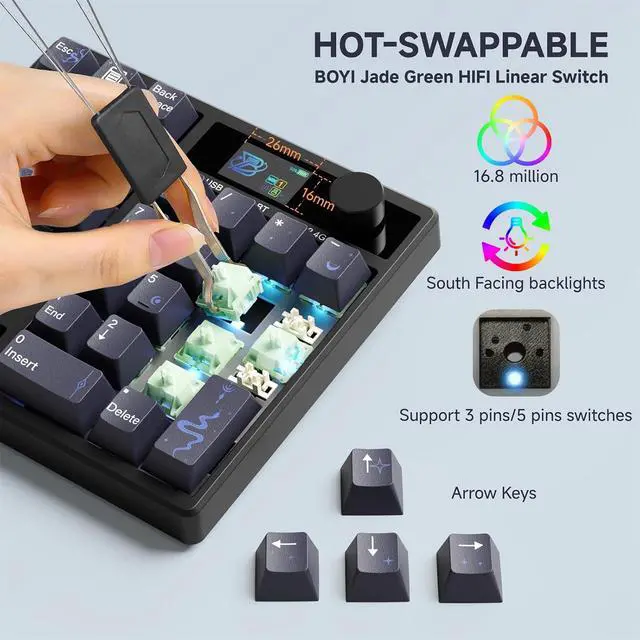 Alt view image 4 of 7 - X BOYI TD31Pro Mechanical Number Pad,Hot Swap Gasket Mechanical Numeric Keypad with Knob&Screen Wireless BT5.0/2.4G/Type-C Wired RGB Gaming Numpad Programmable for Win/Mac (Black Moon-Star)