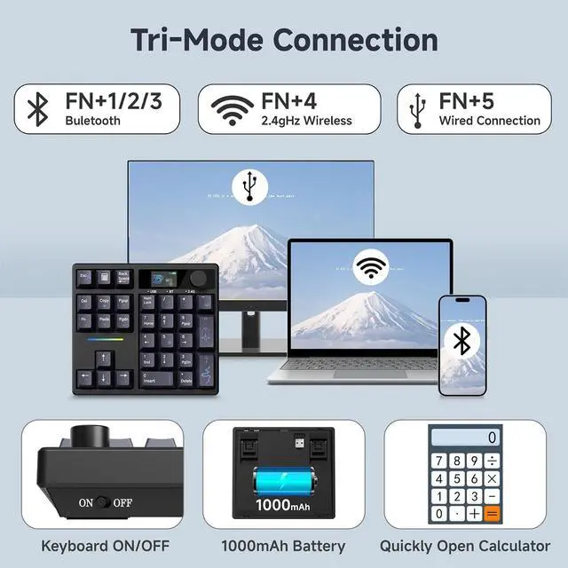 Alt view image 5 of 7 - X BOYI TD31Pro Mechanical Number Pad,Hot Swap Gasket Mechanical Numeric Keypad with Knob&Screen Wireless BT5.0/2.4G/Type-C Wired RGB Gaming Numpad Programmable for Win/Mac (Black Moon-Star)