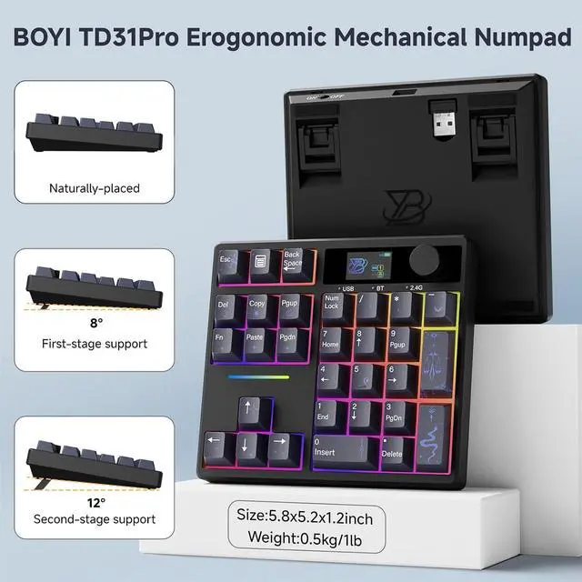 Alt view image 6 of 7 - X BOYI TD31Pro Mechanical Number Pad,Hot Swap Gasket Mechanical Numeric Keypad with Knob&Screen Wireless BT5.0/2.4G/Type-C Wired RGB Gaming Numpad Programmable for Win/Mac (Black Moon-Star)