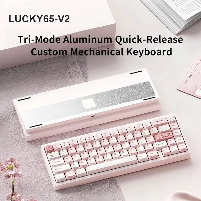 Alt view image 2 of 7 - LUCKY65 V2 Aluminum CNC Quick Release Keyboard,QMK/VIA 65% Tri-Mode USB-C Wired/BT5.0/2.4GHz Wireless Mechanical Keyboard Custom Hot Swappable Gasket RGB Gaming Keyboards for PC/Mac (Pink)