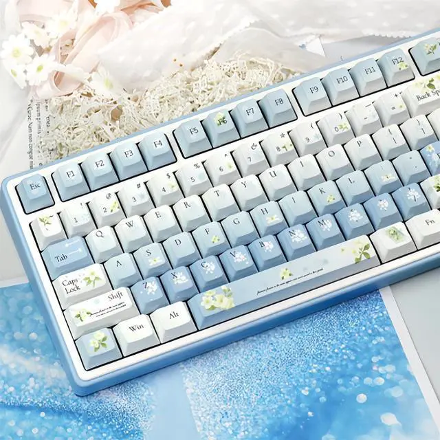 Main image of Jasmine-Flower Aesthetic Keycaps,Cherry Profile Dye-Sub PBT Keycaps Blue and White Snow Gradient 133 Keys Full Size Keycap Set for 60% 75% 80% 100% Cherry MX Switch Mechanical Gaming Keyboard