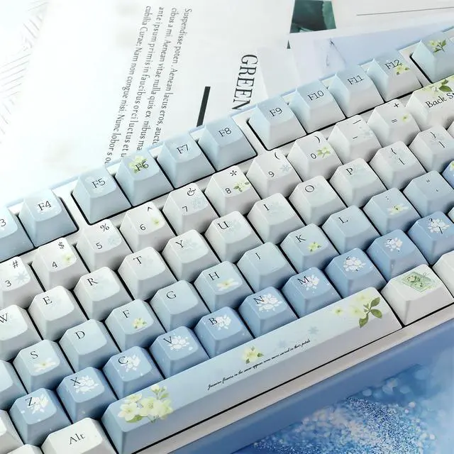 Alt view image 3 of 7 - Jasmine-Flower Aesthetic Keycaps,Cherry Profile Dye-Sub PBT Keycaps Blue and White Snow Gradient 133 Keys Full Size Keycap Set for 60% 75% 80% 100% Cherry MX Switch Mechanical Gaming Keyboard